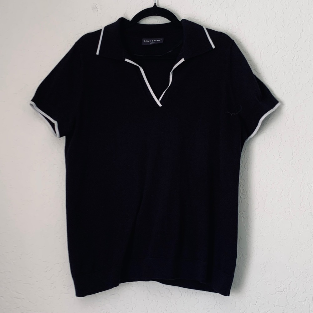Lane Bryant Knit Polo Top Womens 10/12 Black White Preppy Old Money Tennis Luxe